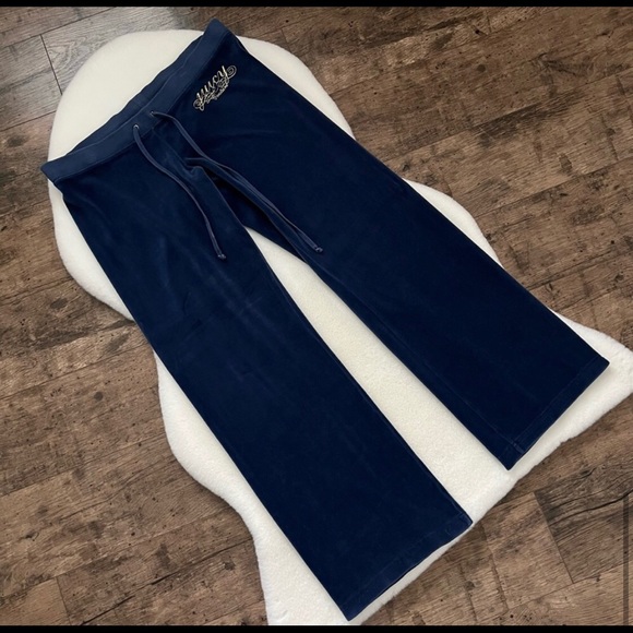 Vintage Juicy Couture Low Rise Velour Wide Leg Track Pants M Blue - Picture 6 of 11